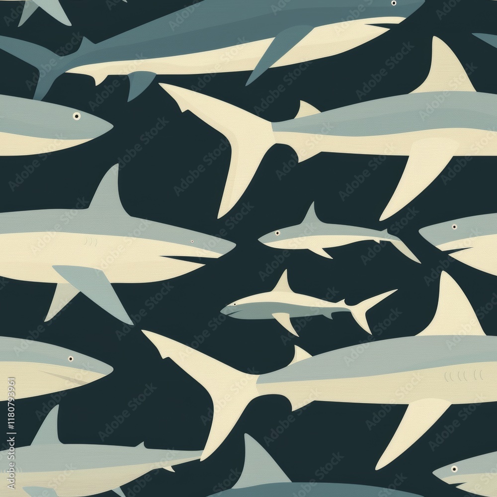Underwater Scene with Various Sharks Swimming in Dark Blue and Green Colors, Illustrative Ocean Life Pattern for Backgrounds and Designs Underwater Scene with Various Sharks Swimming in Dark Blue and Green Colors, Illustrative Ocean Life Pattern for Backgrounds and Designs