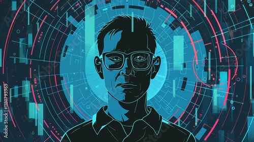 Futuristic portrait of a man wearing glasses in a cyberpunk inspired digital cityscape  The image conveys a concept of technology data and intelligence shaping the future urban landscape photo