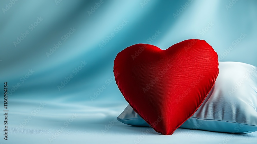 Fototapeta premium Closeup of a luxurious heart shaped pillow with a vibrant red satin texture glowing softly in a cozy intimate bedroom setting The plush cushion evokes feelings of love romance and comfort