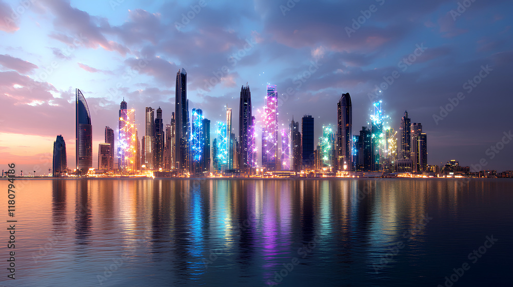 Fototapeta premium futuristic city skyline at dusk, skyscrapers and buildings glowing with integrated antioxidant molecule designs