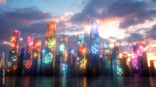 futuristic city skyline at dusk, skyscrapers and buildings glowing with integrated antioxidant molecule designs 