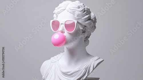 Elegant White Sculpture of a Female Greek Goddess Chewing Bubble Gum and Wearing Stylish Sunglasses, Set Against a Minimalist Background