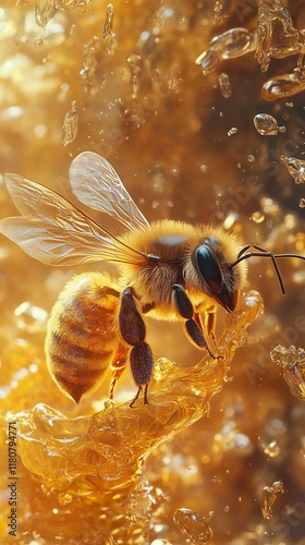 Honeybee in Golden Nectar: A Macro View of Nature's Sweetness photo