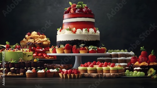 Delicious dessert display bakery food photography indoor setting close-up view tempting sweets and cakes photo