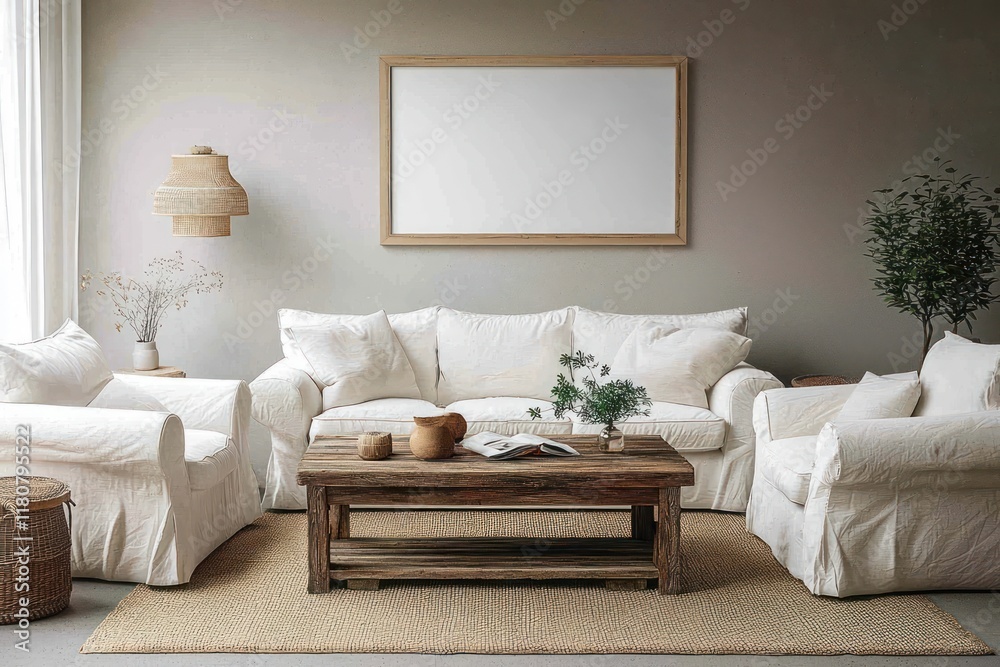 Naklejka premium Stylish living room with a white sofa, wooden table, and a 3D mockup frame designed to emphasize advertising.