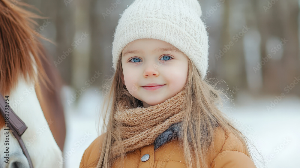 Beautiful Young Girl with Blue Eyes and Charming Smile, Wearing a Cozy Hat and Scarf, Posing in a Winter Setting Near a Horse in Nature Beautiful Young Girl with Blue Eyes and Charming Smile, Wearing a Cozy Hat and Scarf, Posing in a Winter Setting Near a Horse in Nature