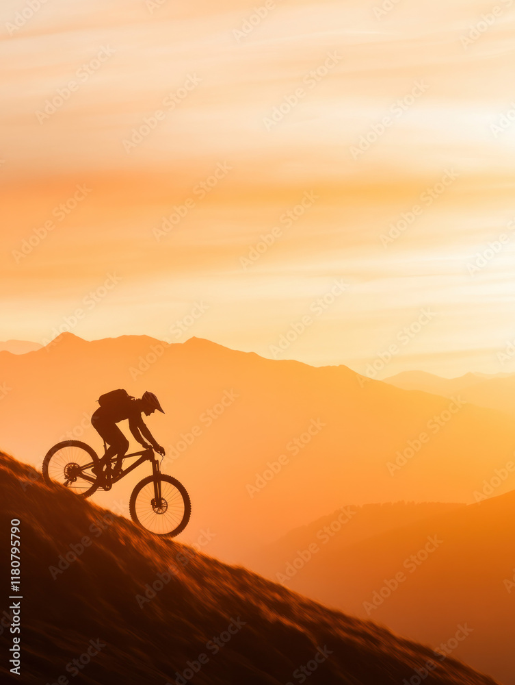 Silhouette of cyclist riding downhill at sunset over mountains Silhouette of cyclist riding downhill at sunset over mountains
