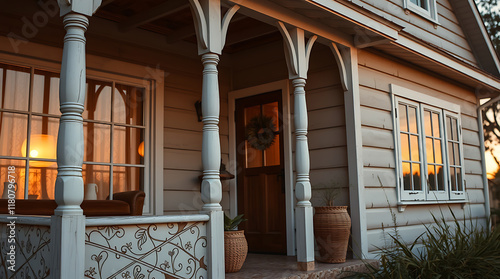 A beige house with white columns and porch, featuring large windows reflecting a sunset.  The porch has decorative fretwork.  Potted plants flank the front door.