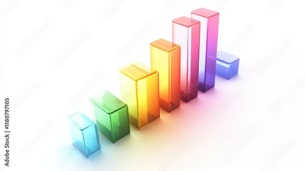 Dynamic 3D bar graph with rainbow-colored bars and a reflective finish, floating on white. Dynamic 3D bar graph with rainbow-colored bars and a reflective finish, floating on white.