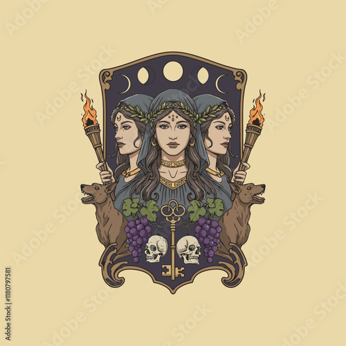 An illustration depicts a triple goddess figure, holding torches, flanked by dogs, with grapes and skulls below a key, symbolizing power and mystery.