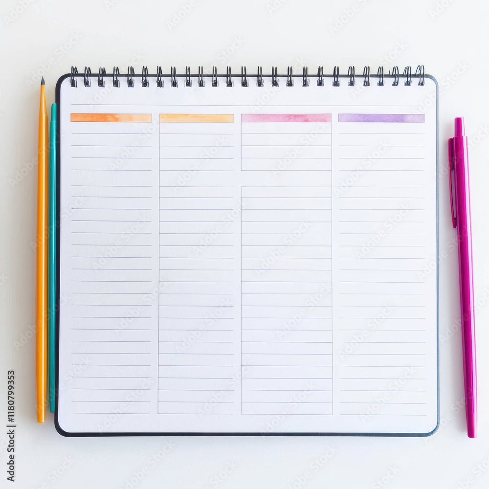 Open planner with colorful sections and pens on white background isolated design on white background Open planner with colorful sections and pens on white background isolated design on white background
