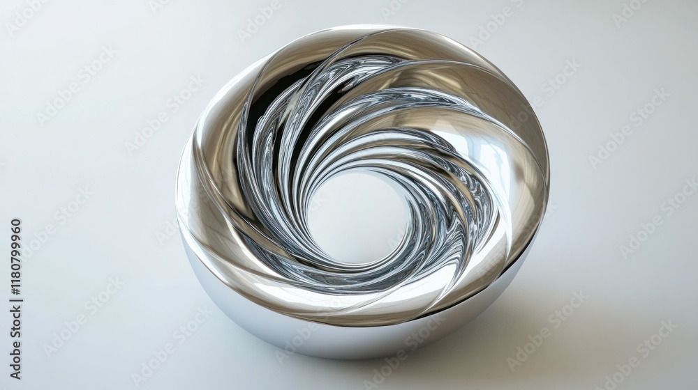 Futuristic 3D spiral shape in silver, floating delicately on a white surface. Futuristic 3D spiral shape in silver, floating delicately on a white surface.