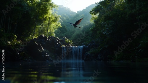 Dragon's Flight Over Serene Waterfall photo