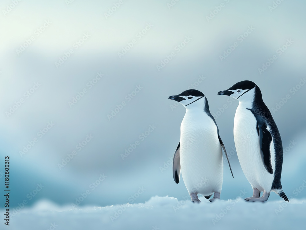 Naklejka premium Pingwiny maskowe w krajobrazie Antarktydy: badanie elegancji i odporności natury