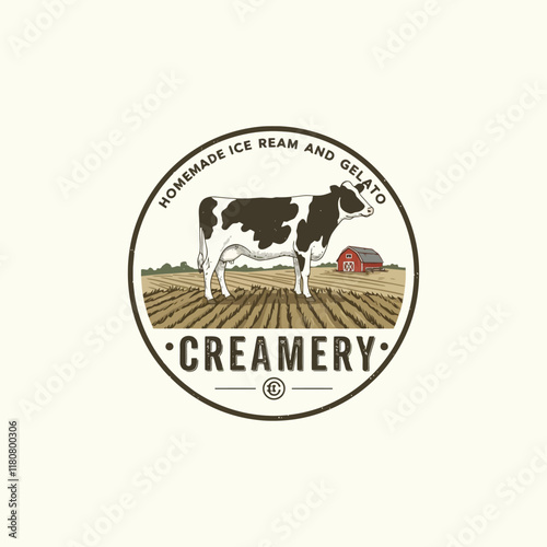 A vintage-style creamery logo depicts a cow in a field near a barn, advertising homemade ice cream and gelato.