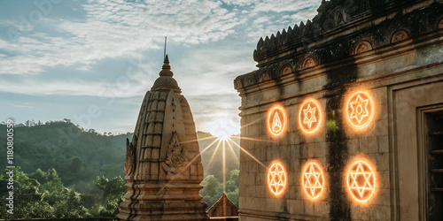 A radiant sunrise over an ancient temple where symbols of major religions are projected as glowing light patterns on the temple’s walls, blending seamlessly with the surrounding landscape. photo