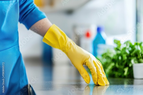 Cleaning action at home kitchen surface interior photography bright environment close-up view hygiene concept photo