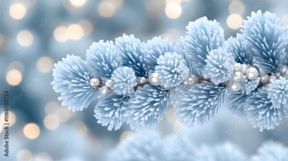 Frosty pine branch with pearl garland, bokeh background. Frosty pine branch with pearl garland, bokeh background.
