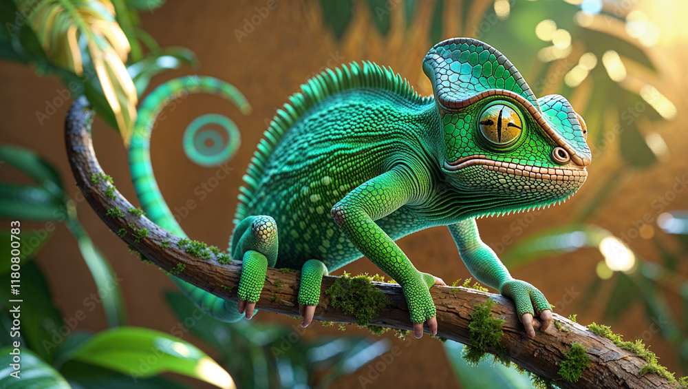 Vibrant green chameleon perched on a mossy branch in a lush tropical setting. Vibrant green chameleon perched on a mossy branch in a lush tropical setting.