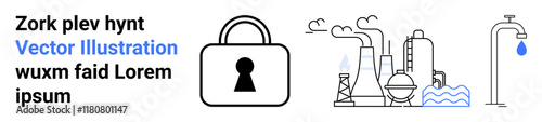 Industrial setup with factory buildings and equipment, padlock symbolizing security, water faucet with drop. Ideal for industrialization, security, water conservation, environmental protection