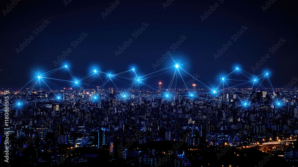 Bright network connections over city skyline at night Bright network connections over city skyline at night