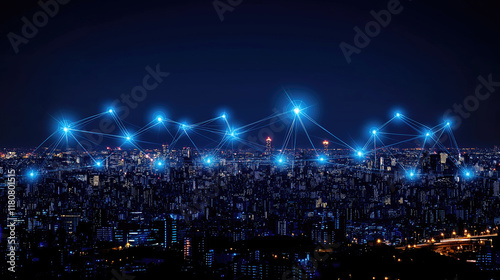 Bright network connections over city skyline at night