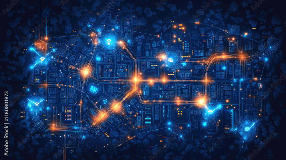 Fototapeta premium Futuristic smart city network at night with glowing connections and data nodes