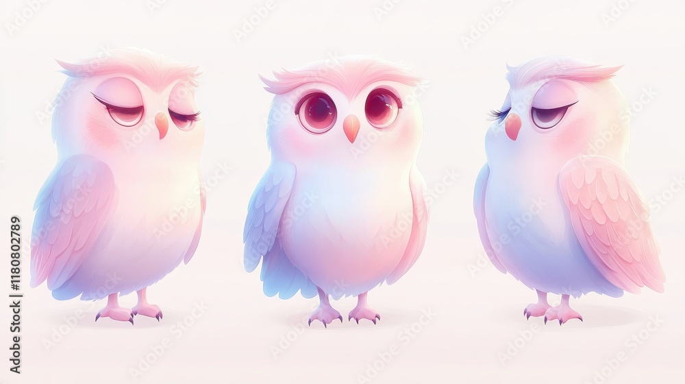 Obraz premium Three cute owls with pink eyes and pink feathers