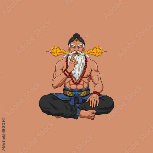 A powerful elderly Asian man with a long white beard meditates in a lotus position while exhaling fire.