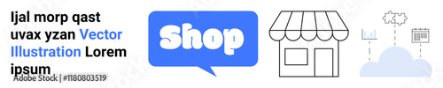 Logo of a shop, storefront, cloud computing, store, and sample text in Latin. Ideal for e-commerce, digital marketing, online business, cloud computing, web design. Banner for landing page