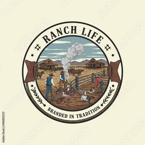 A circular emblem depicts cowboys branding cattle on a western ranch, showcasing the traditional ranch life.