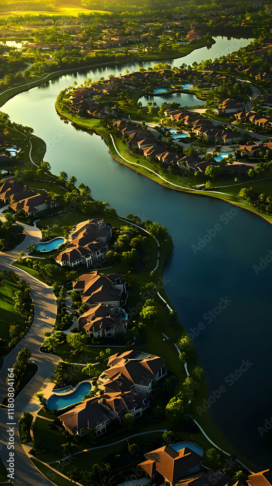 Aerial view of a luxurious residential area with winding waterways and lush greenery. Aerial view of a luxurious residential area with winding waterways and lush greenery.