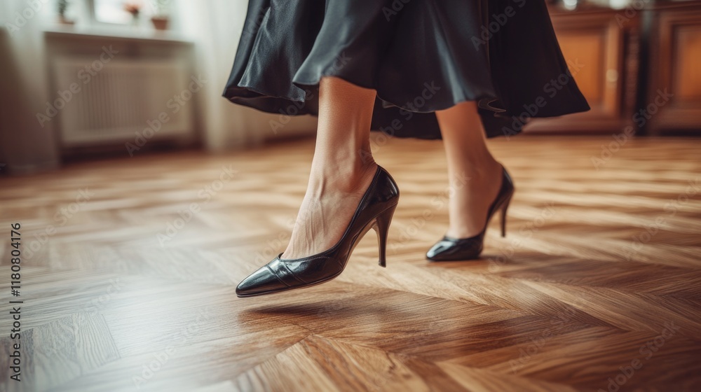 Elegant woman in black heels walking on polished hardwood floor