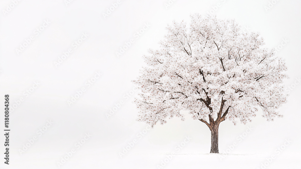 Solitary Blooming Tree in a White Foggy Landscape Solitary Blooming Tree in a White Foggy Landscape