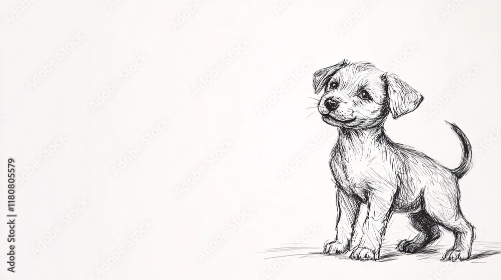 Fototapeta premium black and white hand drawn illustration of a cute puppy sitting and looking up