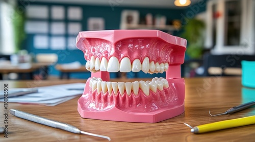 Dental model displaying human teeth in classroom setting photo