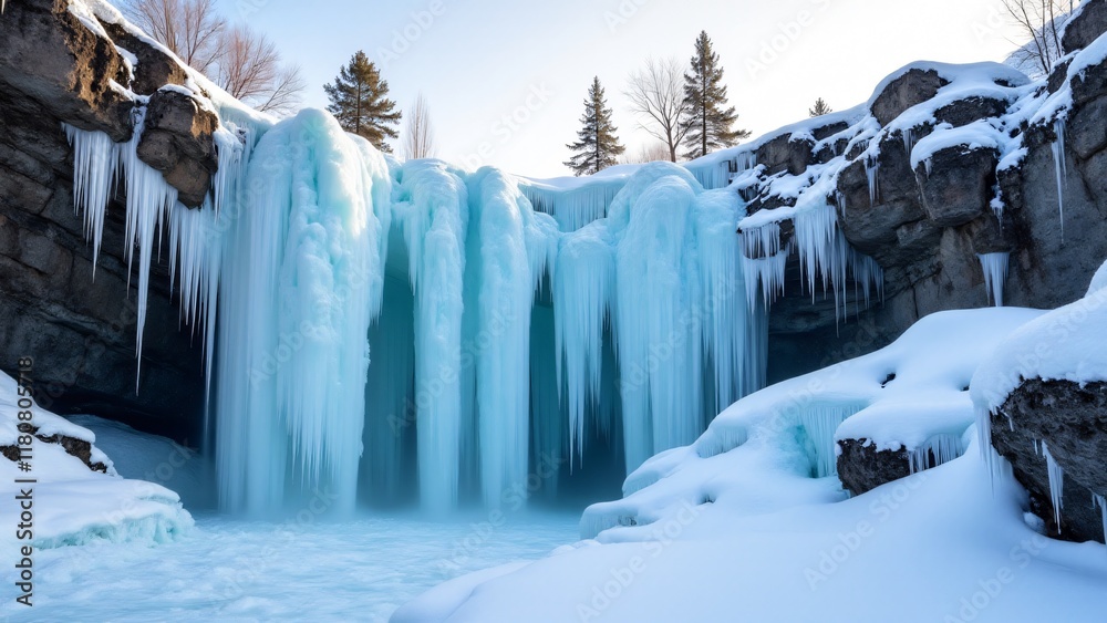 Frozen waterfall cascading over snow-draped rocks. Icicles sparkle under a pale sun, while frosted trees rise in the background, completing the dramatic wintry scene. Frozen waterfall cascading over snow-draped rocks. Icicles sparkle under a pale sun, while frosted trees rise in the background, completing the dramatic wintry scene.
