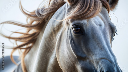 Close-up of a horse's head with windblown mane. photo