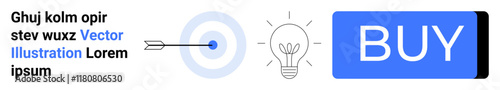 Blue Buy button, bullseye with arrow, and lightbulb symbol. Ideal for e-commerce, call-to-action, smart purchases, marketing, online shopping, user interface, conversion optimization. Landing page