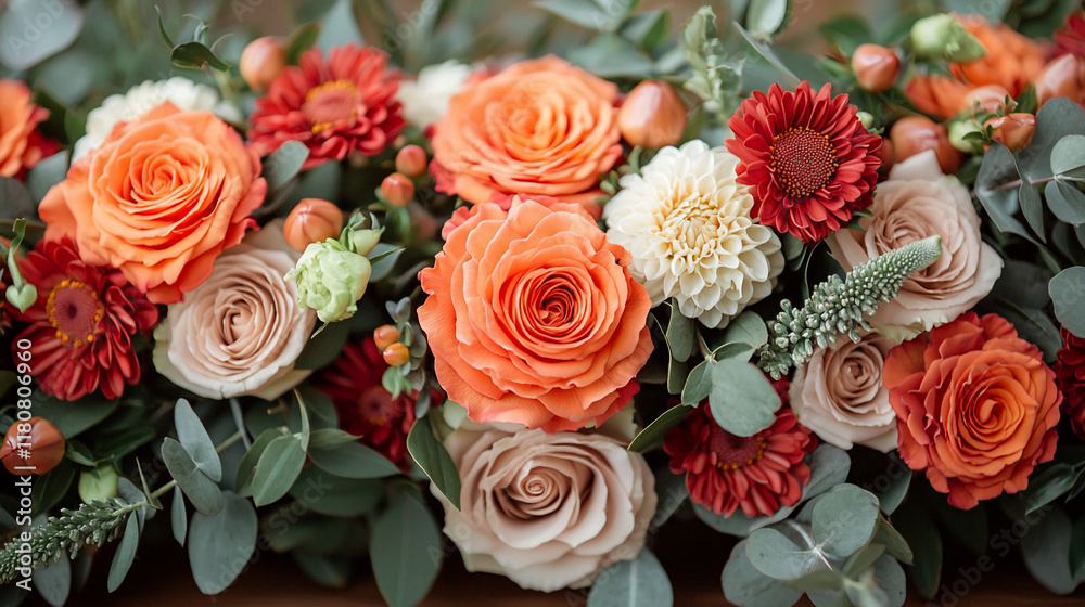 Lush autumnal floral arrangement with roses, dahlias, and eucalyptus. Lush autumnal floral arrangement with roses, dahlias, and eucalyptus.