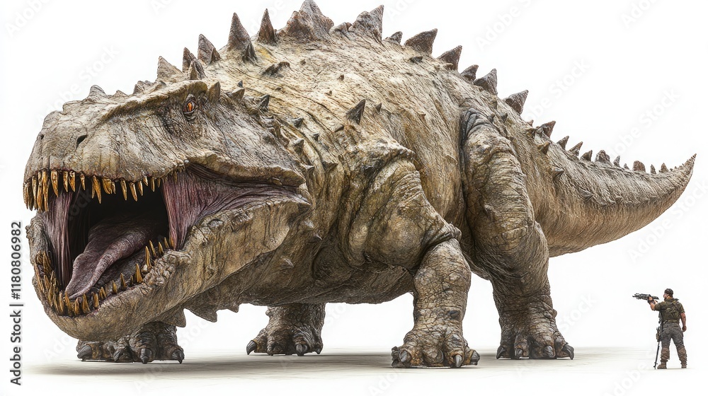 Fototapeta premium A massive, dinosaur-like creature with sharp spikes and an open mouth, towering over a small figure.