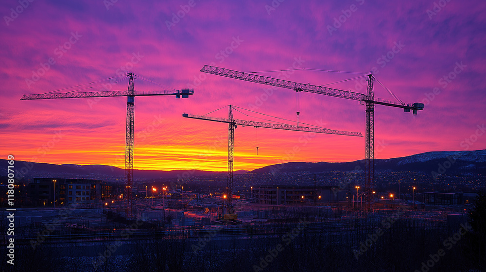 Obraz premium Majestic sunrise with construction cranes silhouetted against vibrant sky