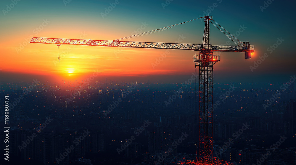 Naklejka premium Majestic sunrise over cityscape with towering construction crane silhouette