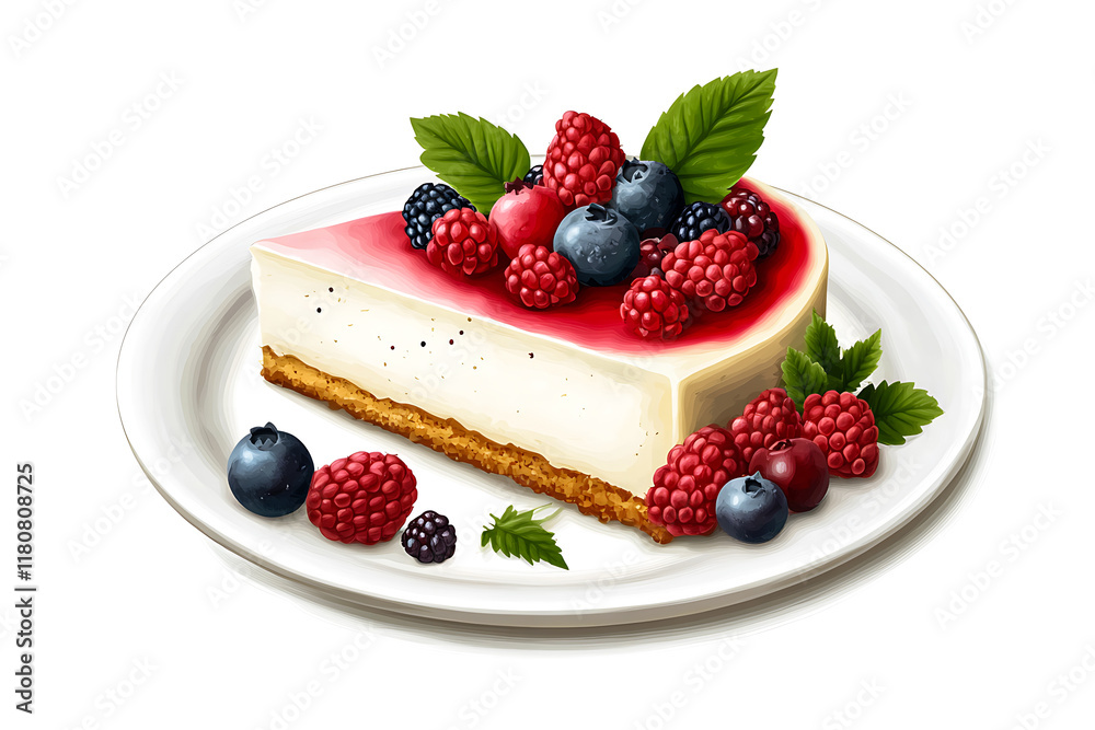 Delicious Cheesecake Slice Topped with Mixed Berries - White Background Photography Delicious Cheesecake Slice Topped with Mixed Berries - White Background Photography