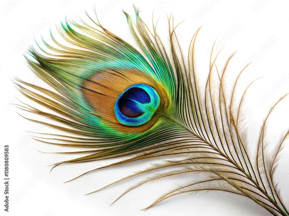Obraz premium Stunning Peacock Feather, 4K White Background, Single Feather, Bird Feather, Exotic Plume, Nature Photography, Wildlife Image, High Resolution, Macro Shot