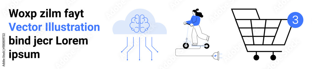 Text, a cloud with brain and neural connections, a woman riding an electric scooter, and a shopping cart with a notification. Ideal for tech, e-commerce, AI, transportation, innovation, online Text, a cloud with brain and neural connections, a woman riding an electric scooter, and a shopping cart with a notification. Ideal for tech, e-commerce, AI, transportation, innovation, online