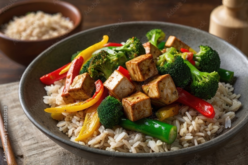 A vegetable stir-fry with broccoli, bell peppers, snap peas, and tofu, served with a side of rice. A vegetable stir-fry with broccoli, bell peppers, snap peas, and tofu, served with a side of rice.