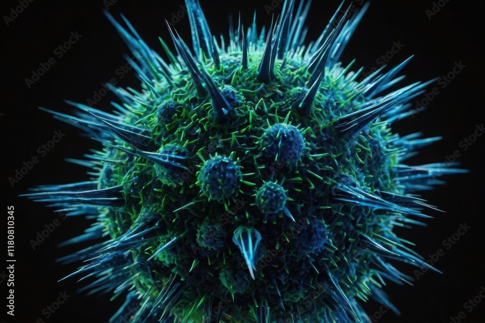 A neon green and blue glowing virus particle with sharp spikes, set against a dark backdrop. A neon green and blue glowing virus particle with sharp spikes, set against a dark backdrop.