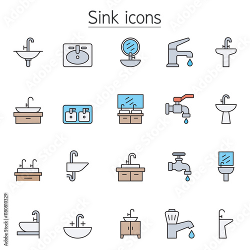 Sink & Faucet icon set in thin line style