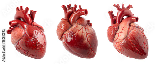 set of healthy, realistic human hearts with atrium and ventricle, internal organs, isolated on a transparent background with a clipping path cutout